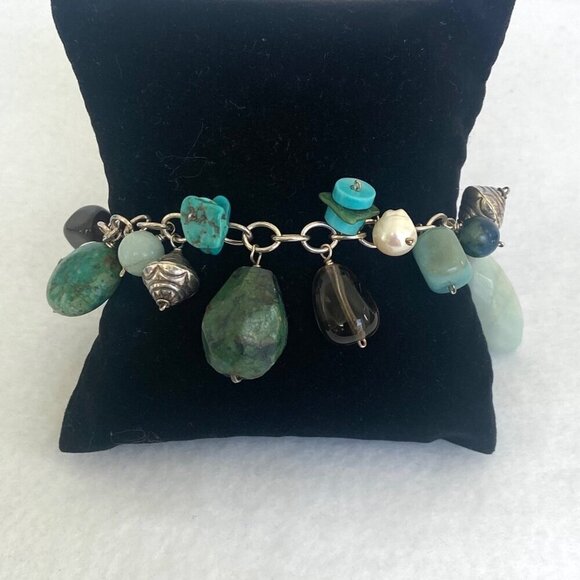 Sterling Silver 925 Beaded Multistone Turquoise Cable Chain Charm Bracelet 7.5" - Picture 8 of 16